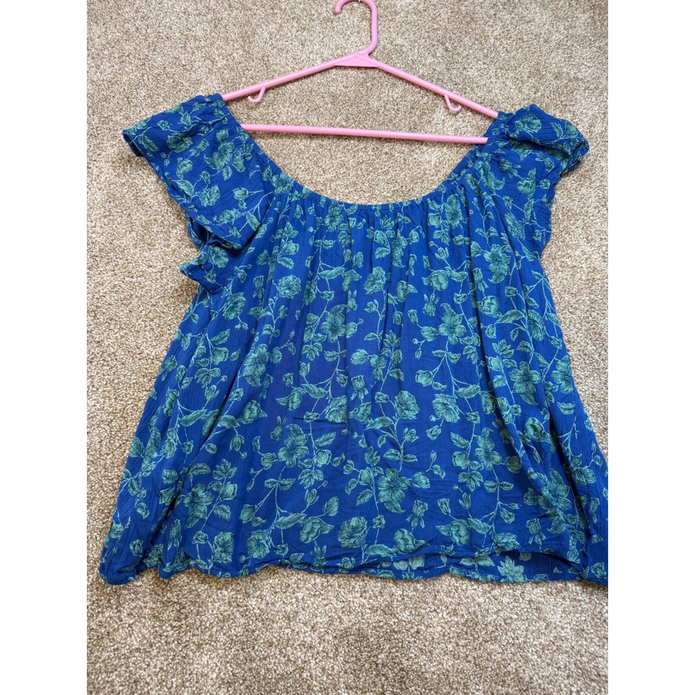 Angie Womens Blue Green Floral Off Shoulder Boho Peasant Blouse M Summer Crop